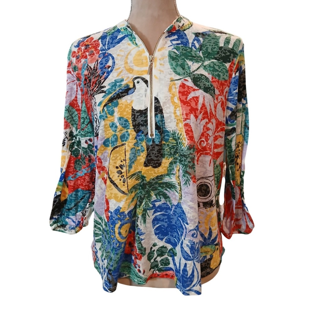 XLP Tropical Camera Print Quarter Zip 3/4 Sleeve Top Multi Color Vacation Travel